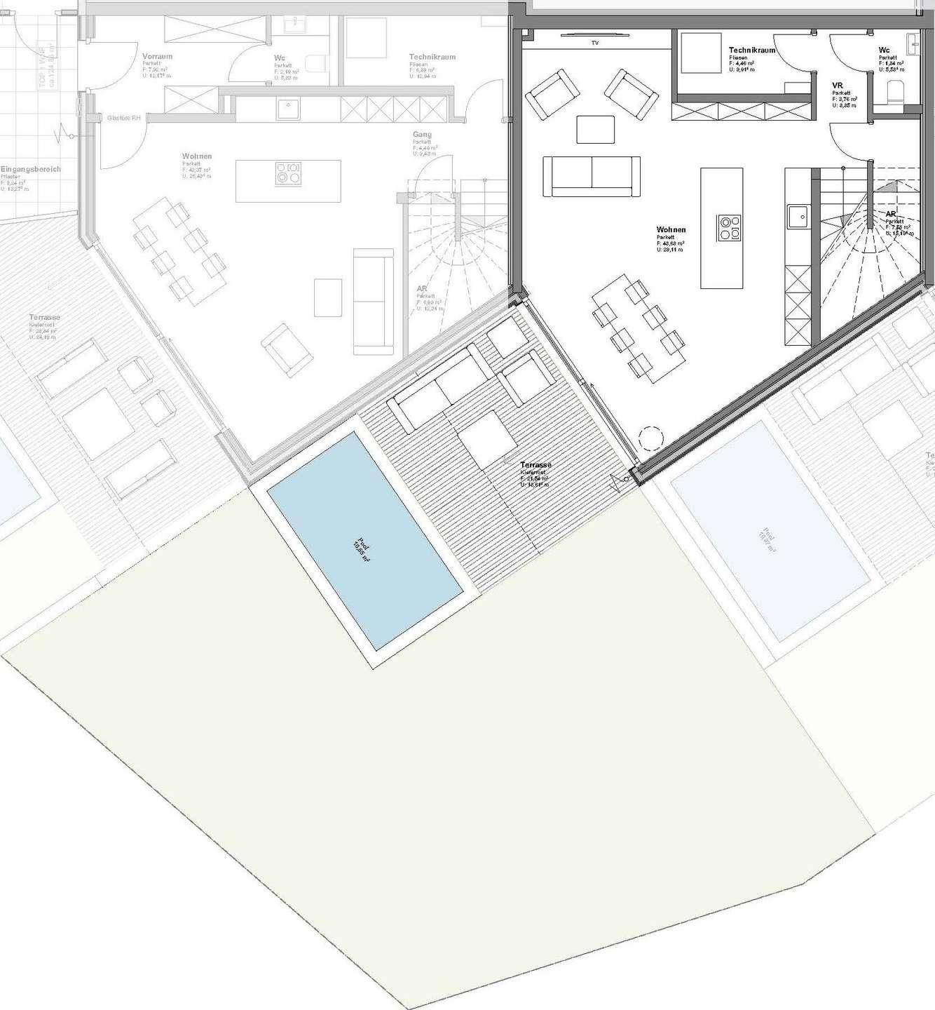 Grundriss des Erdgeschosses mit offenem Wohnbereich, Küche, Esszimmer, großer Terrasse und Pool.