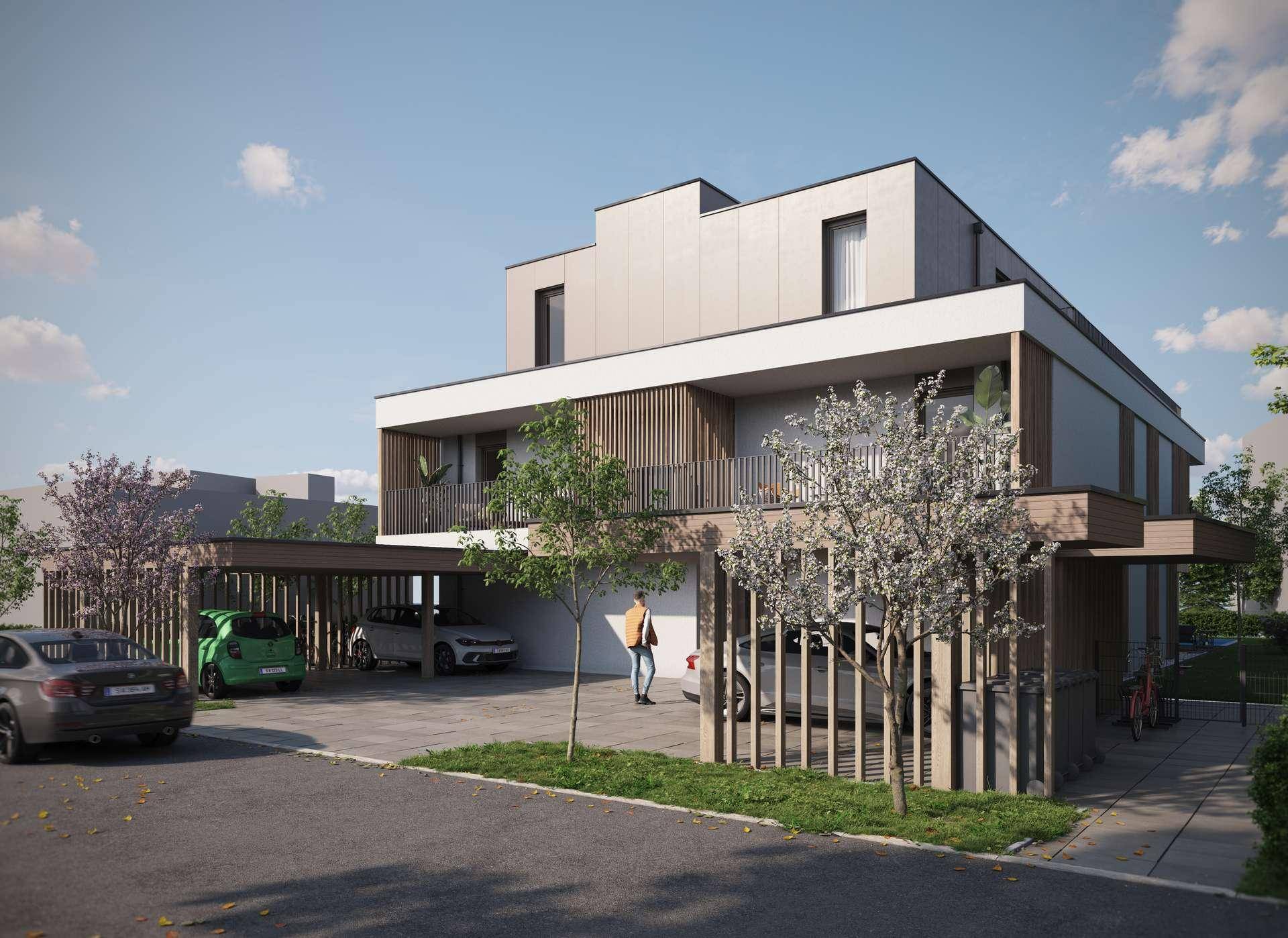 Moderne Wohnanlage mit integrierten Carports und zeitgemäßer Architektur in ruhiger Umgebung.