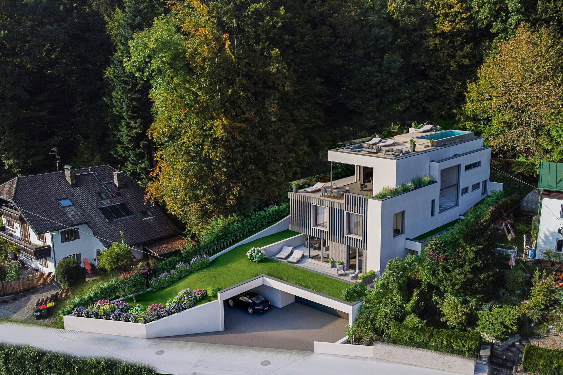 Luxuriöse moderne Villa in Hanglage mit Dachterrasse und Pool, umgeben von Wald.
