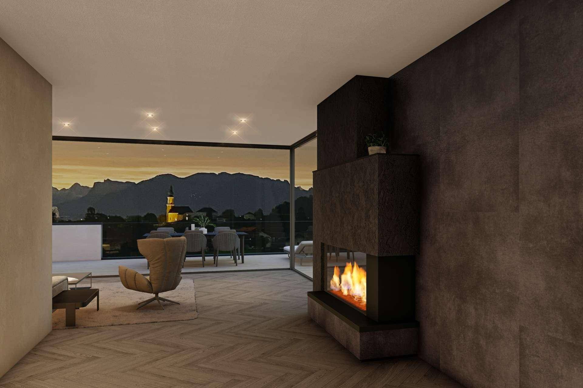 Gemütliches Wohnzimmer mit Kamin, Holzboden und atemberaubendem Bergblick bei Sonnenuntergang.
