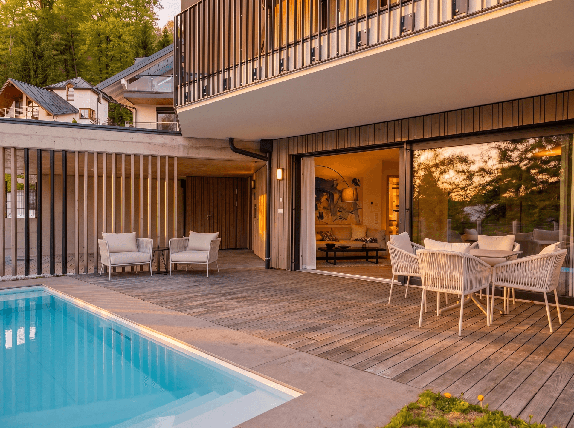 Große Holzterrasse mit Esstisch, Lounge-Möbeln und einem Pool, direkt an den Wohnbereich angrenzend.