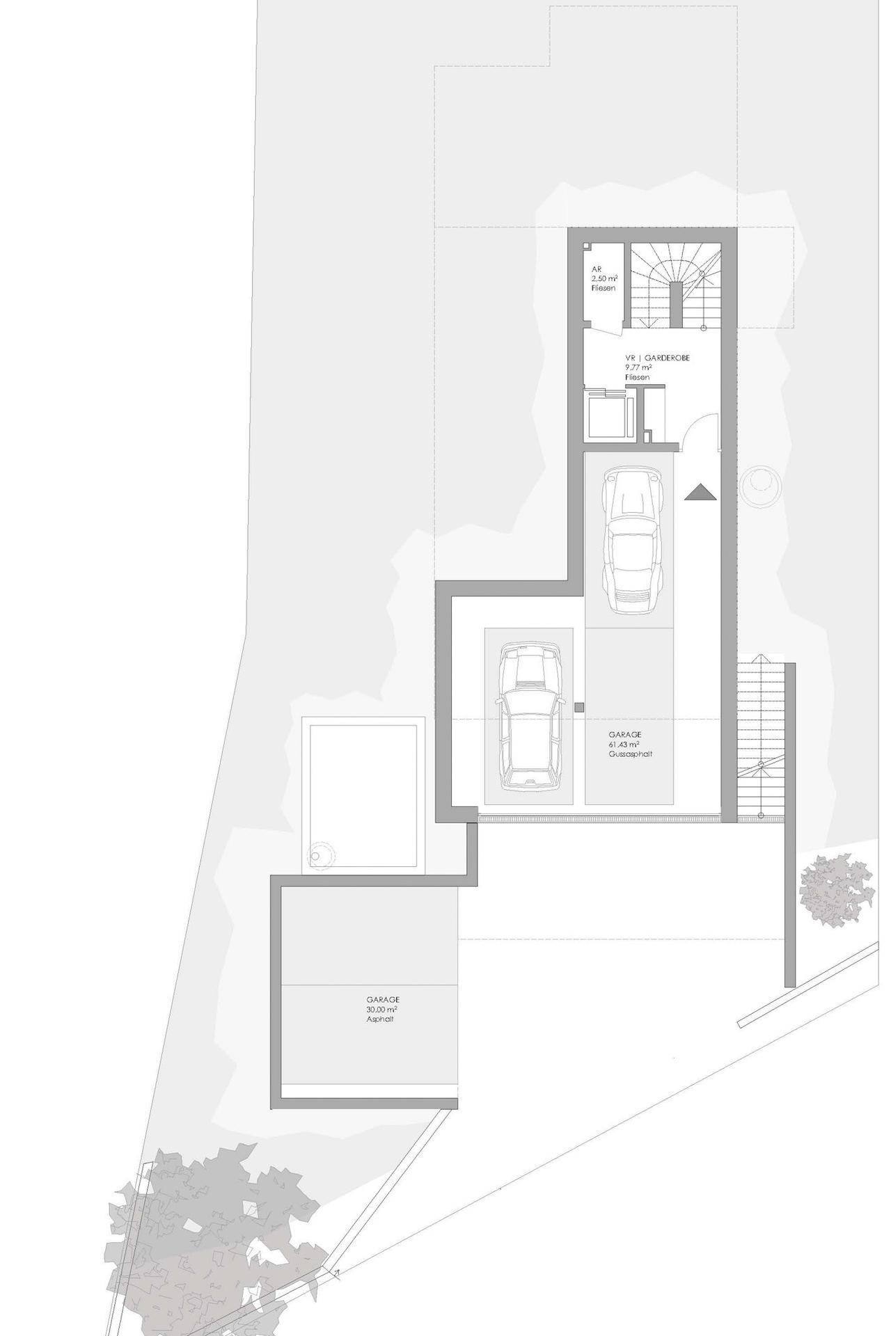 Grundriss des Untergeschosses mit Doppelgarage und Treppenhaus.