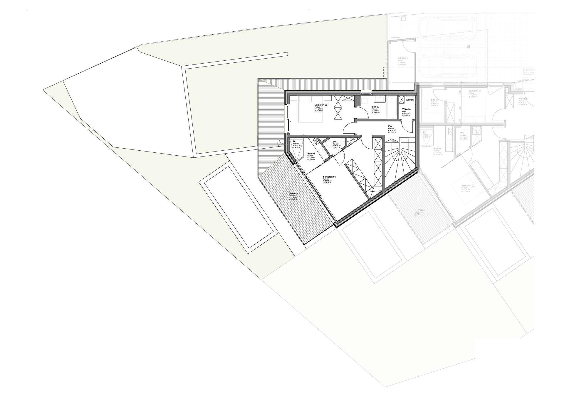 Grundriss des Obergeschosses mit mehreren Schlafzimmern, Bädern und einem Balkon.