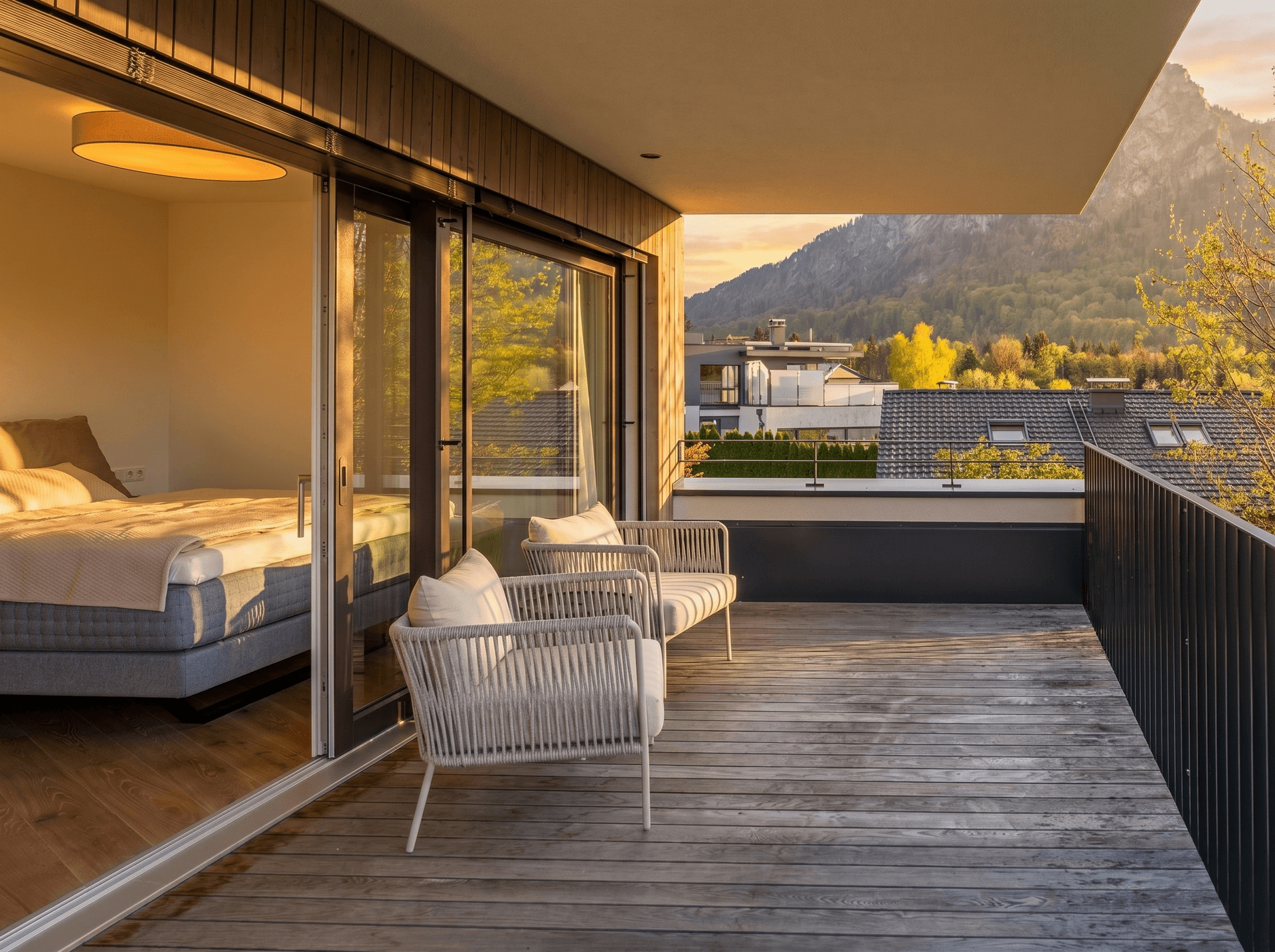 Geräumiger Balkon mit Holzfußboden und Sitzgelegenheiten, direkt vom Schlafzimmer aus zugänglich, mit Bergblick.
