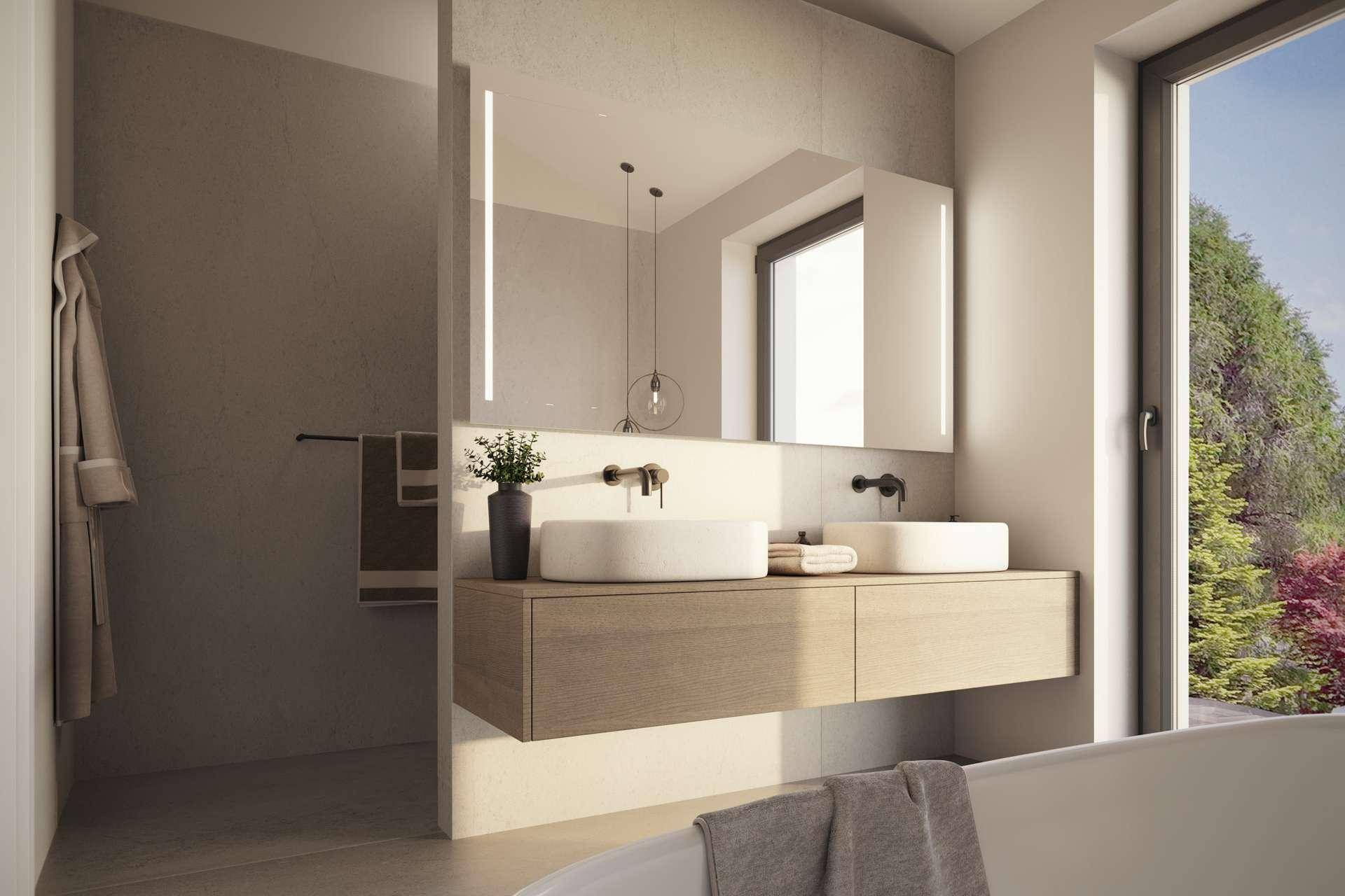 Modernes Badezimmer mit Doppelwaschbecken, Spiegelschrank und Fenster für Tageslicht.