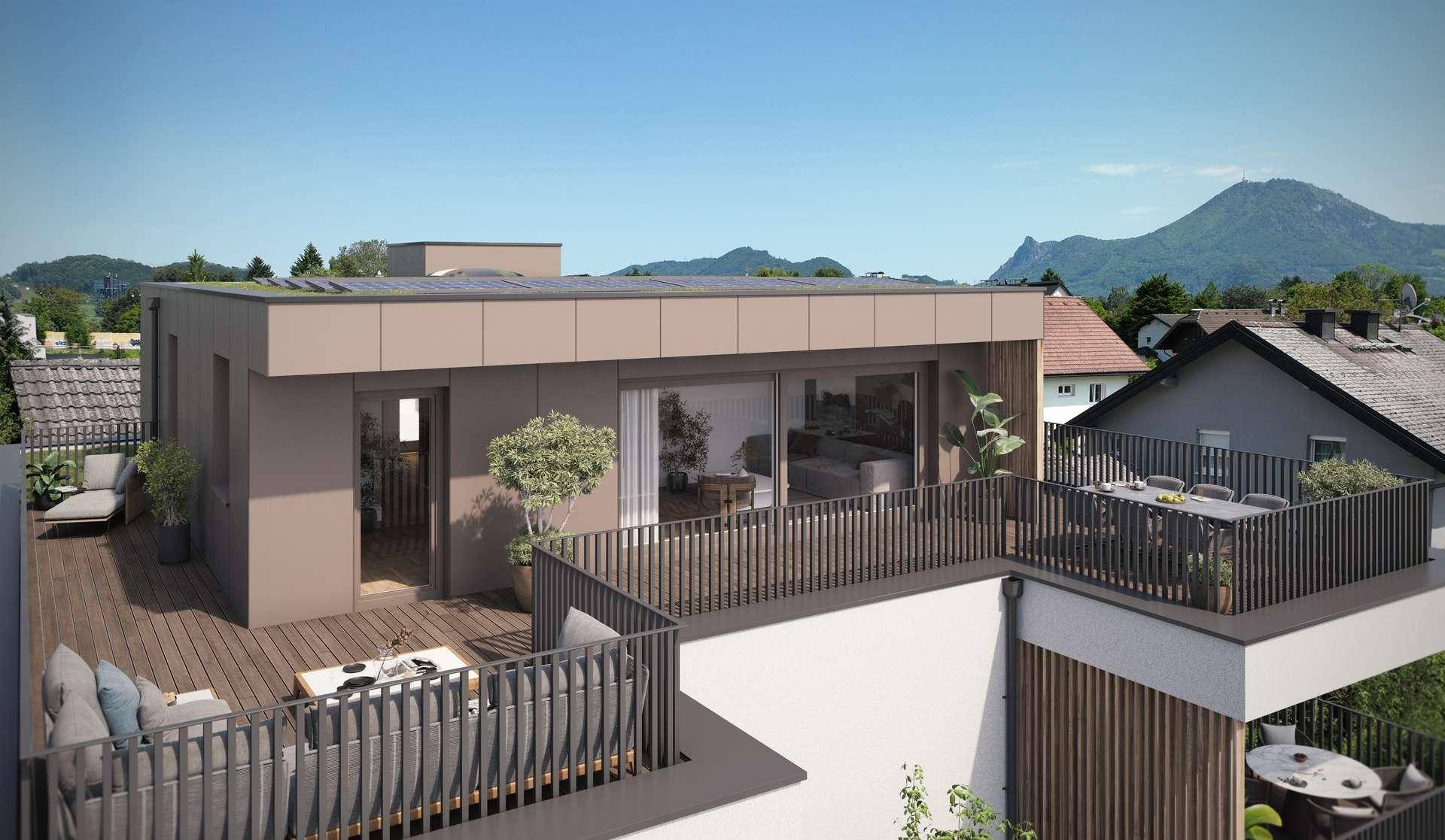 Großzügige Dachterrasse mit Essbereich und Lounge-Möbeln, umgeben von einer malerischen Landschaft.