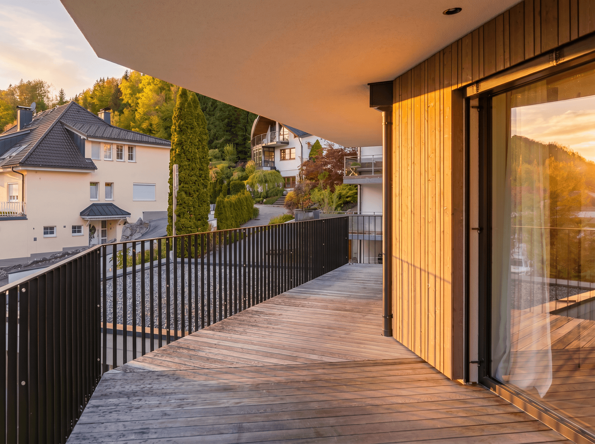 Langer Balkon mit Holzfußboden und schwarzem Geländer, bietet Ausblick auf die umliegende Landschaft bei Sonnenuntergang.