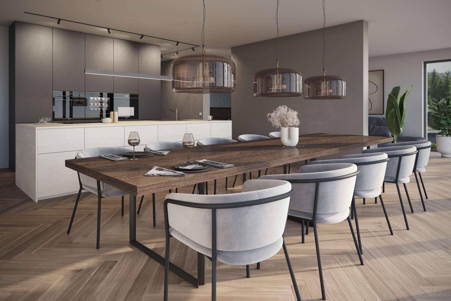 Moderne Küche mit Essbereich, dunklem Holztisch und stilvollen Pendelleuchten.