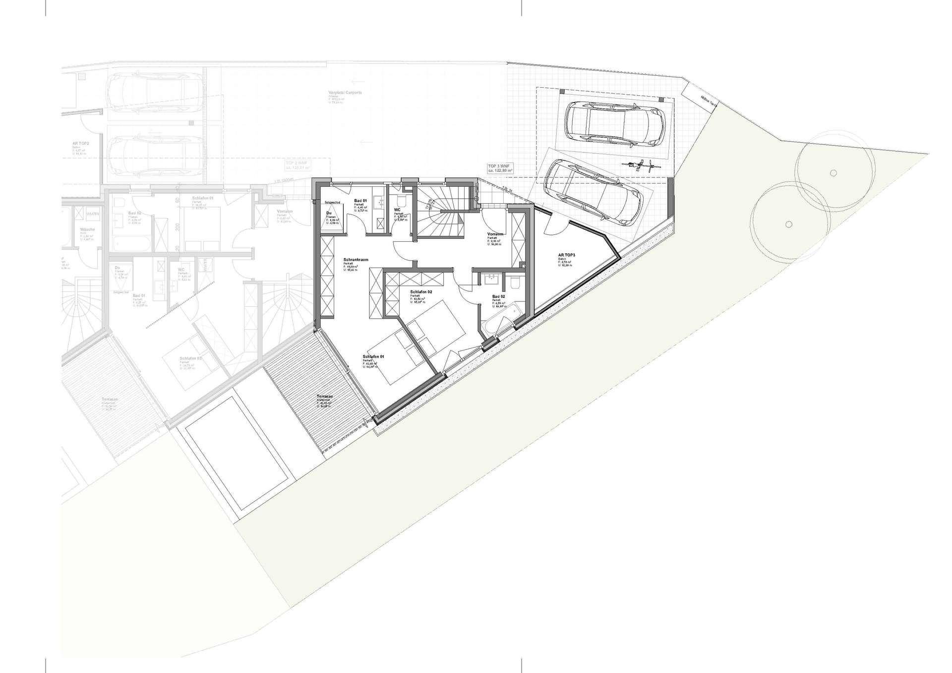 Detaillierter Grundriss einer modernen Wohnung mit offenem Wohn-Essbereich, drei Schlafzimmern, Bad, separatem WC und Terrasse.