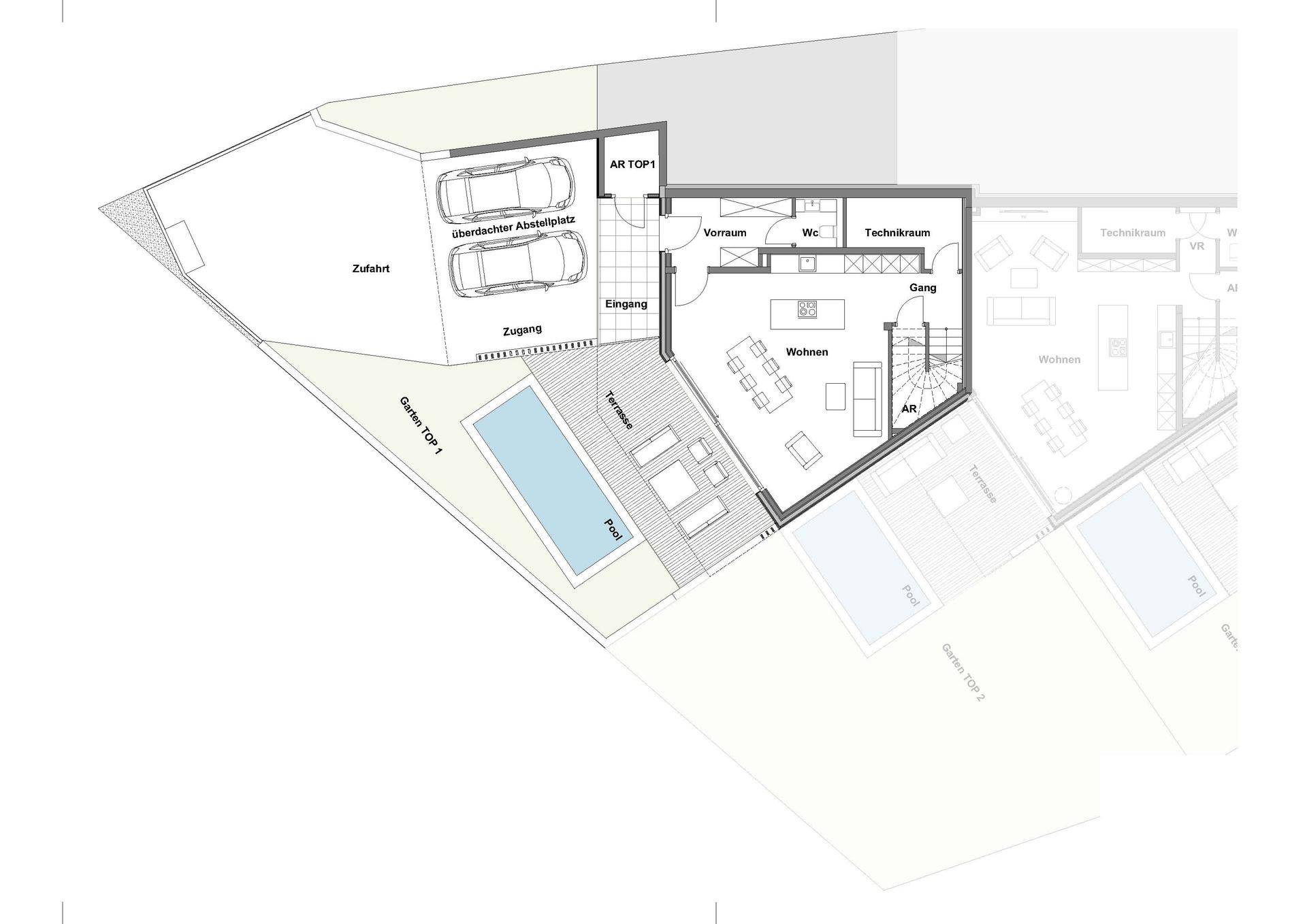 Grundriss des Erdgeschosses mit offenem Wohnbereich, Küche, Terrasse, Pool und überdachtem Stellplatz.