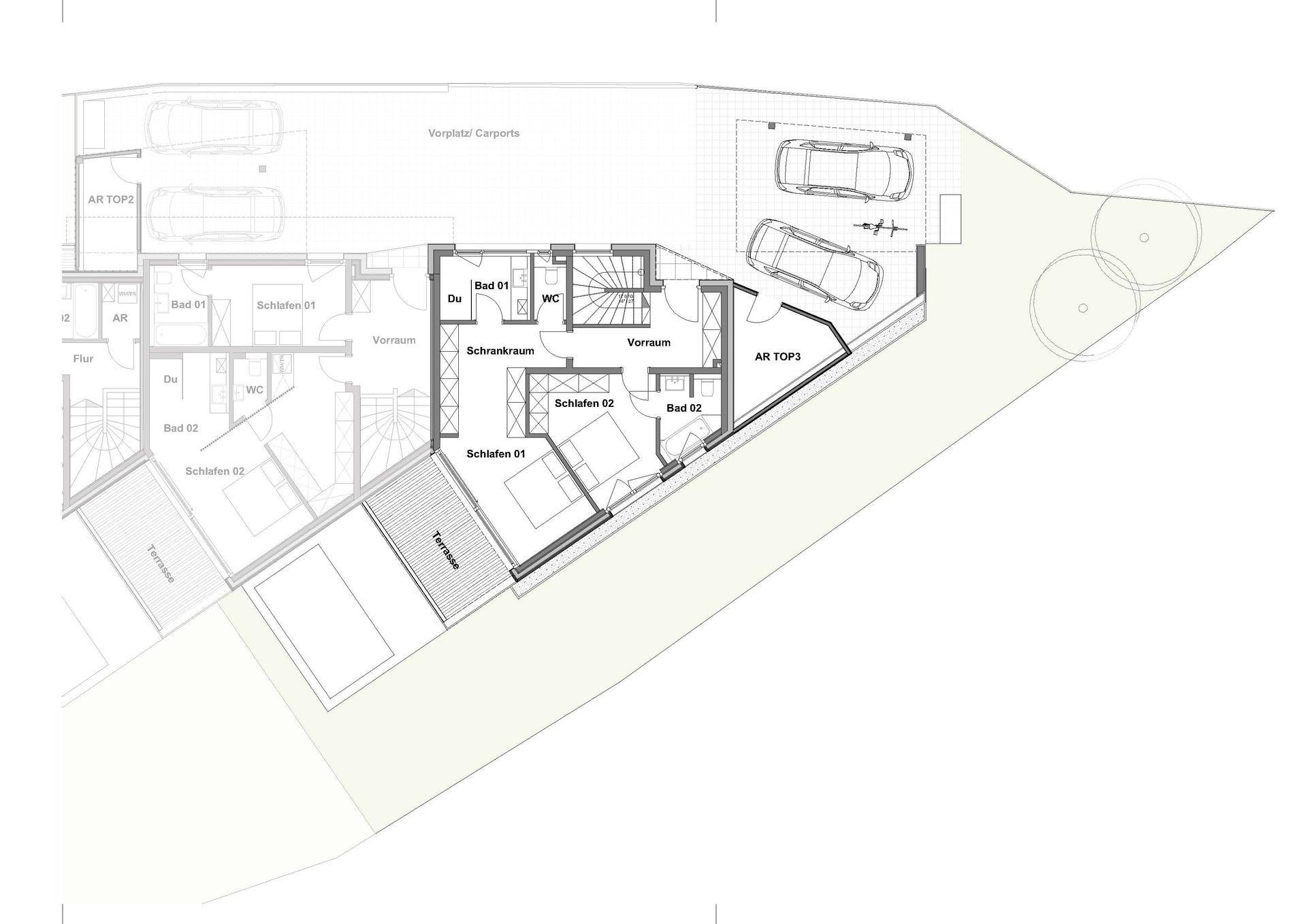 Grundriss des Obergeschosses mit Schlafzimmern, Bädern und Terrasse.