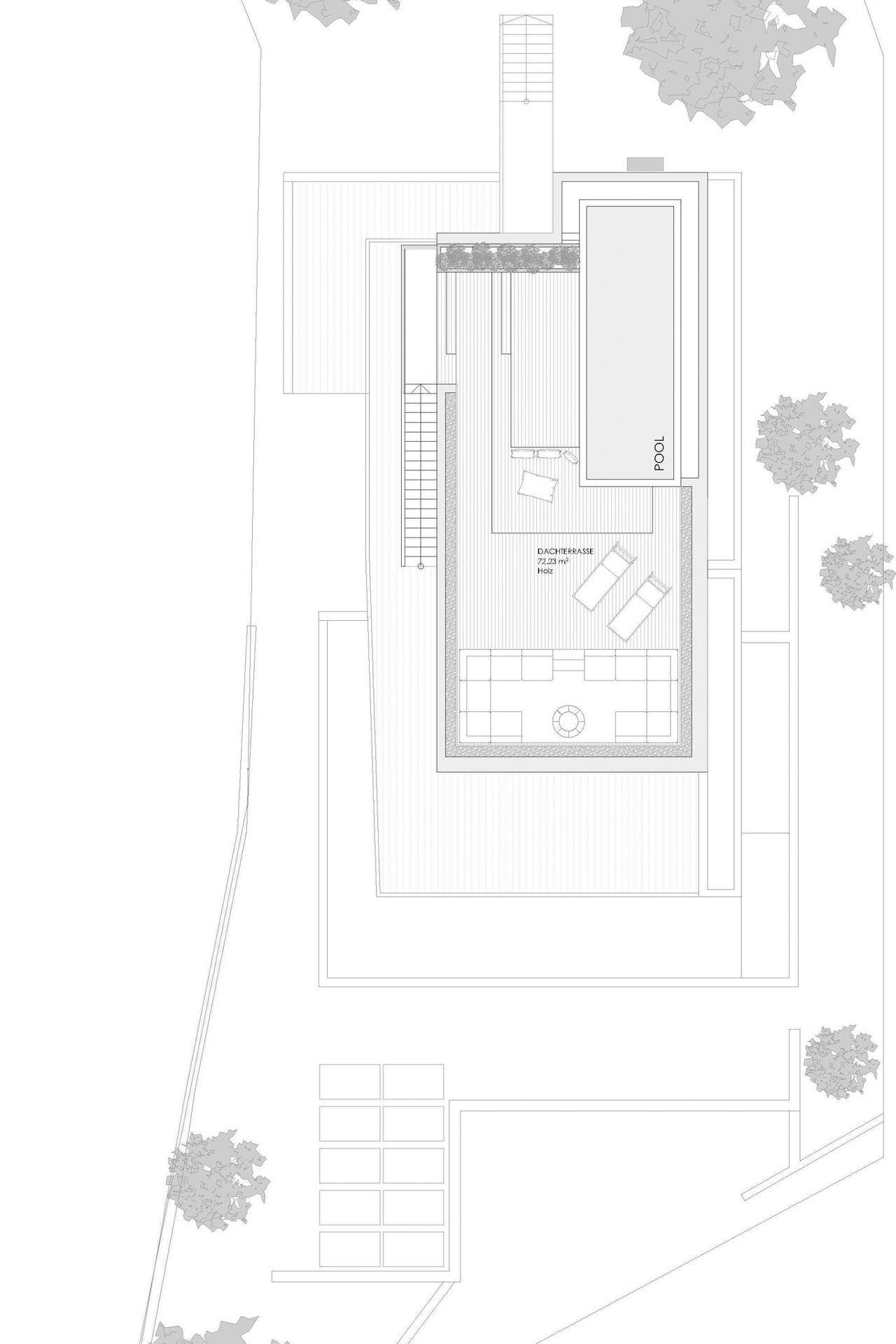 Grundriss der Dachterrasse mit Pool und großzügiger Lounge-Fläche.