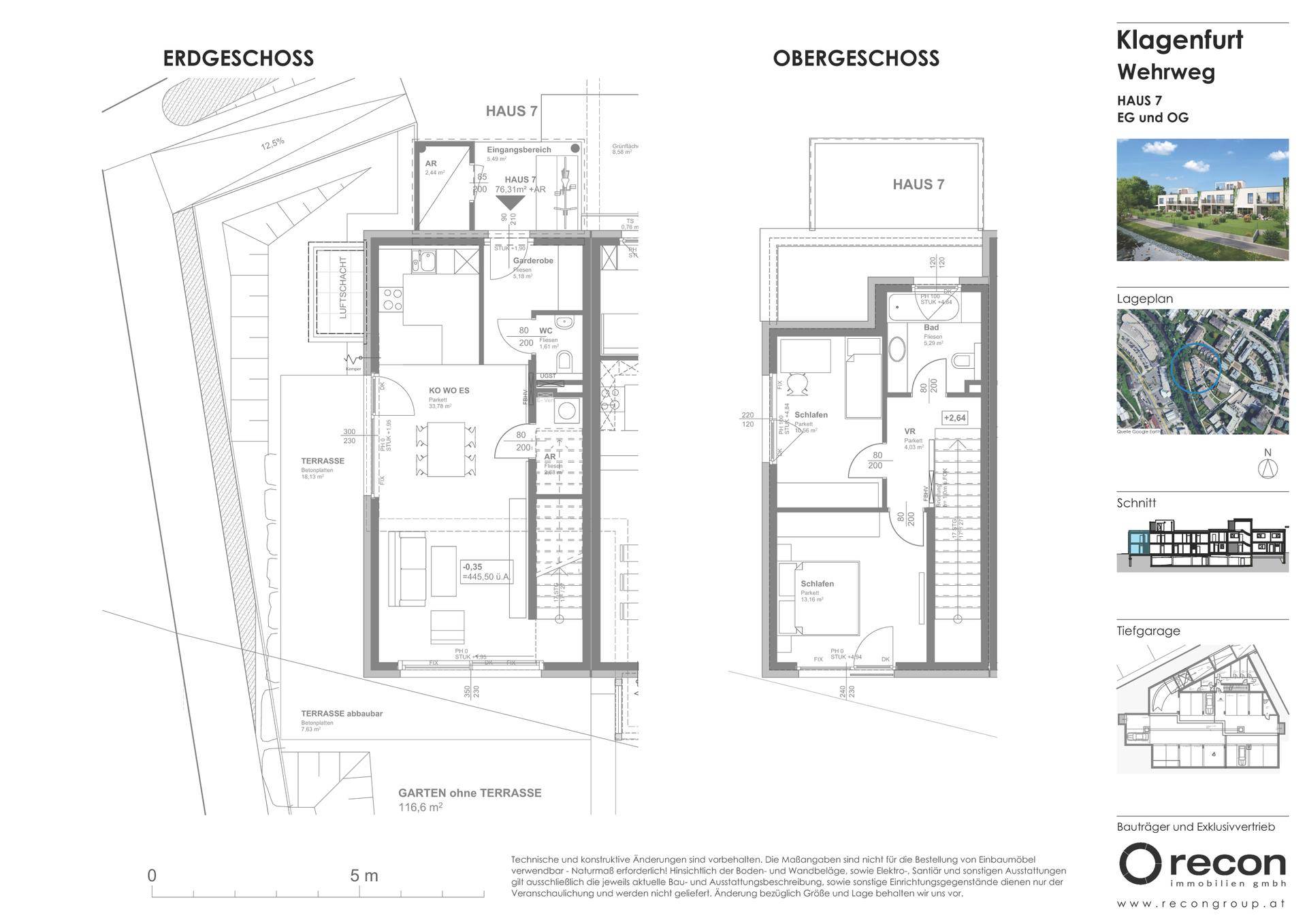 Grundriss von Haus 7 mit Erdgeschoss und Obergeschoss, inklusive Terrasse und Gartenbereich.