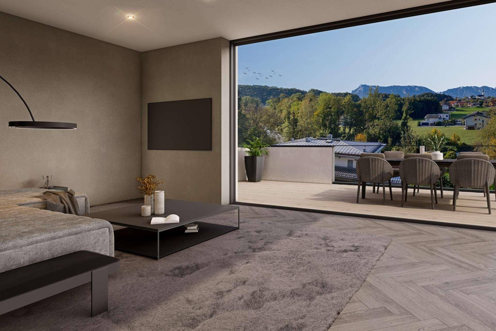 Geräumiges Wohnzimmer mit Teppichboden, Terrasse und weitem Blick auf die grüne Landschaft.