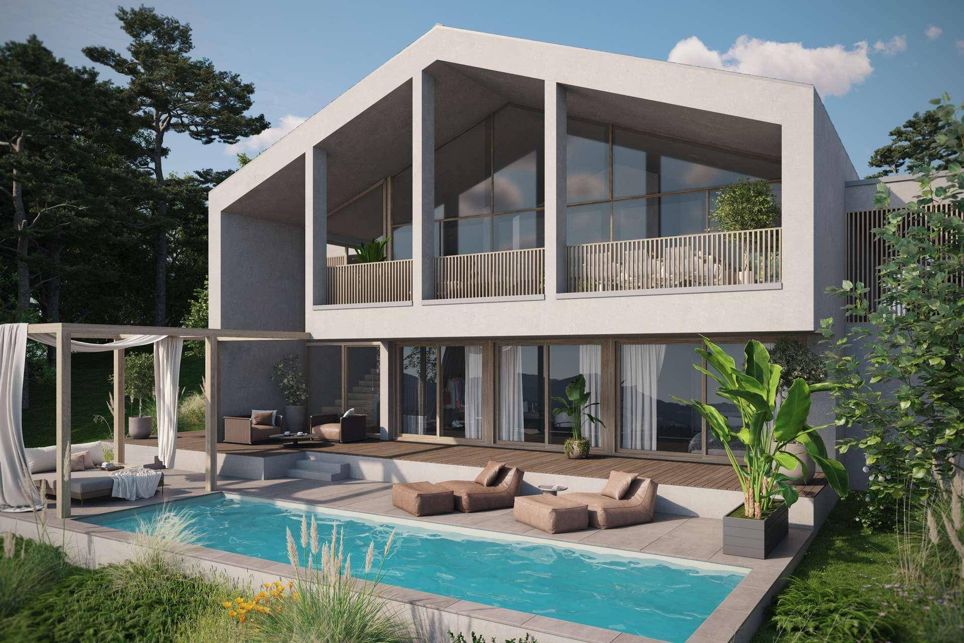 Eine moderne Villa mit großem Pool, möblierter Terrasse und Pergola, umgeben von üppigem Grün.