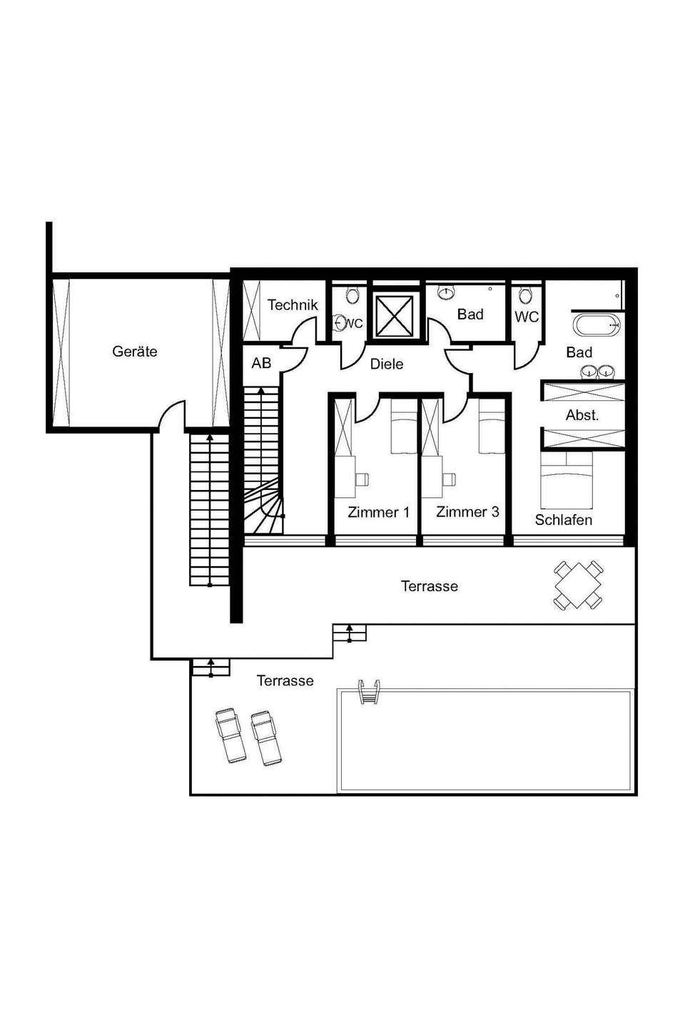 Grundriss des Untergeschosses mit drei Schlafzimmern, Bädern, Abstellraum und Terrassen mit Pool.