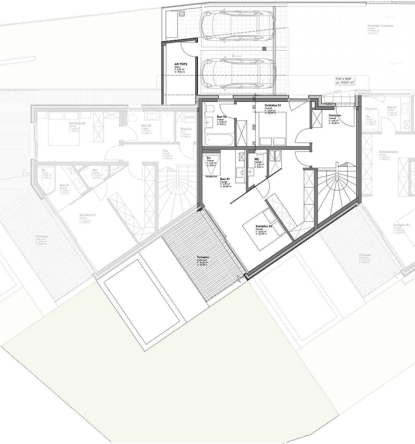 Grundriss mit Schlafzimmern, Bädern, einer großen Terrasse und Tiefgaragenstellplätzen.