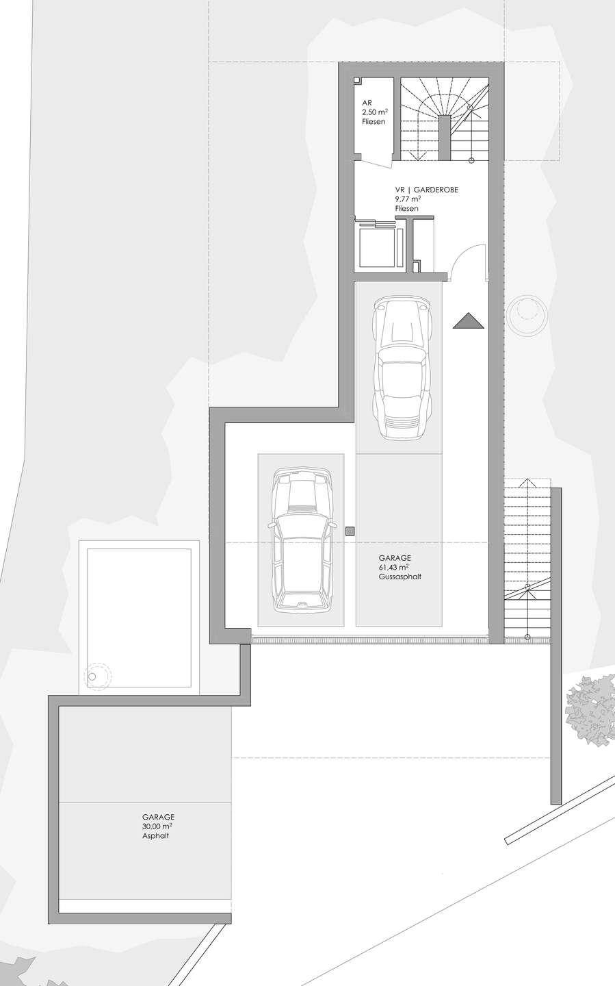 Grundriss des Garagengeschosses mit zwei Stellplätzen, Garderobe und Abstellraum.