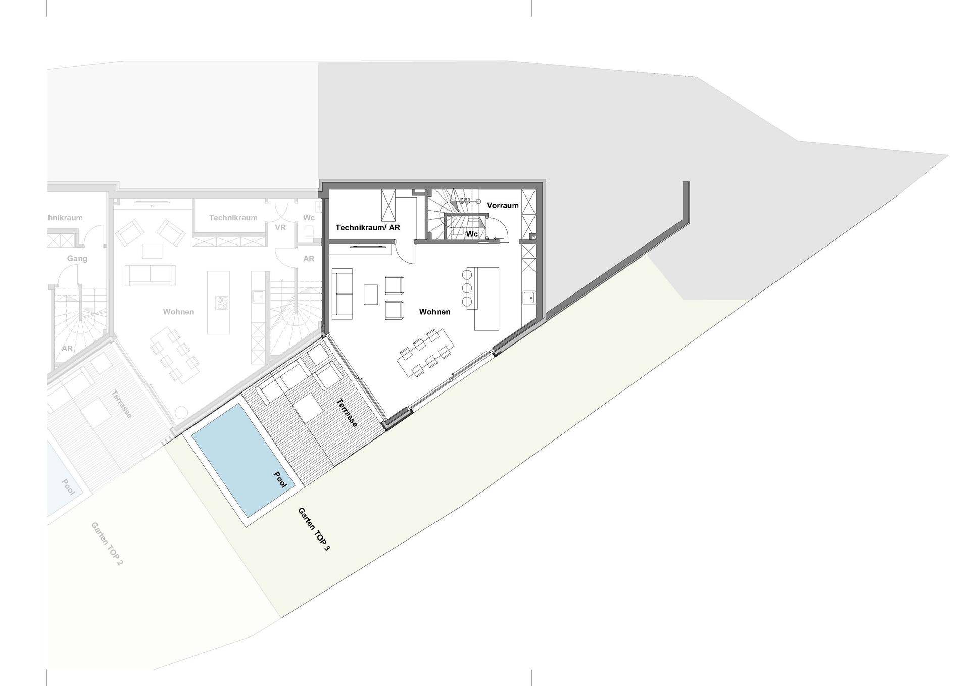 Grundriss des Erdgeschosses mit offenem Wohnbereich, Terrasse und Pool.