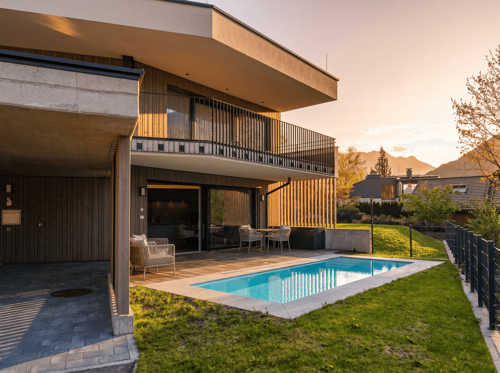 Moderne Hausfassade mit Holzverkleidung, einer Terrasse mit Pool und Sitzgelegenheiten sowie Bergblick bei Sonnenuntergang.