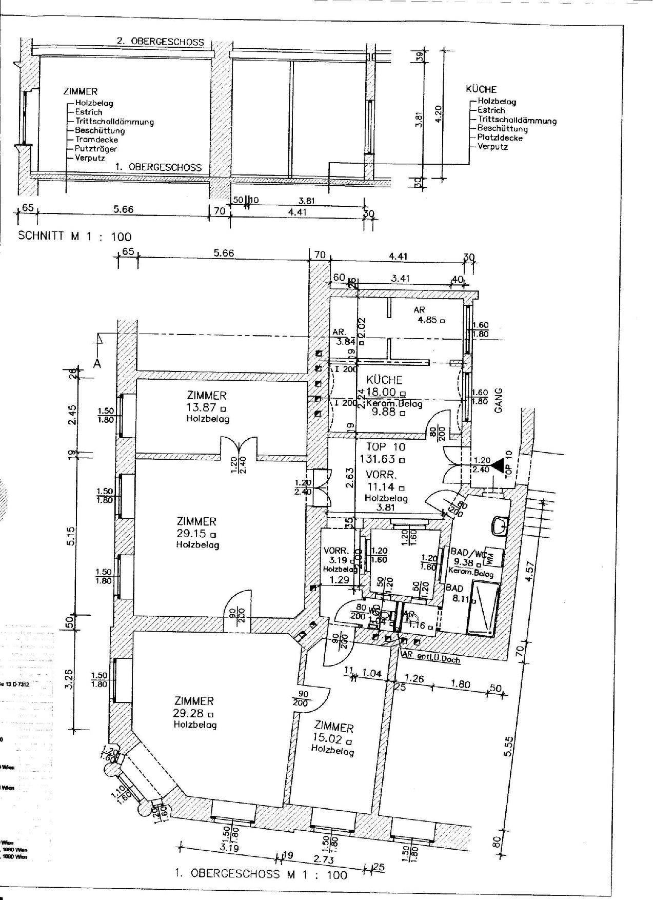 Detaillierter Grundriss einer Wohnung mit mehreren Zimmern, Küche und Bad im Obergeschoss.