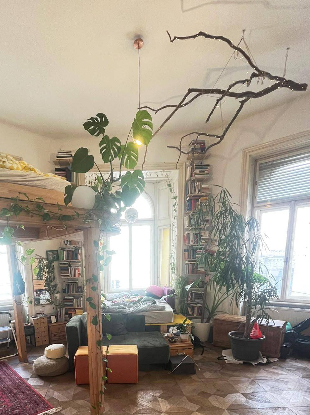 Kreativ gestaltetes Schlafzimmer mit Hochbett, vielen Pflanzen und Bücherregalen.