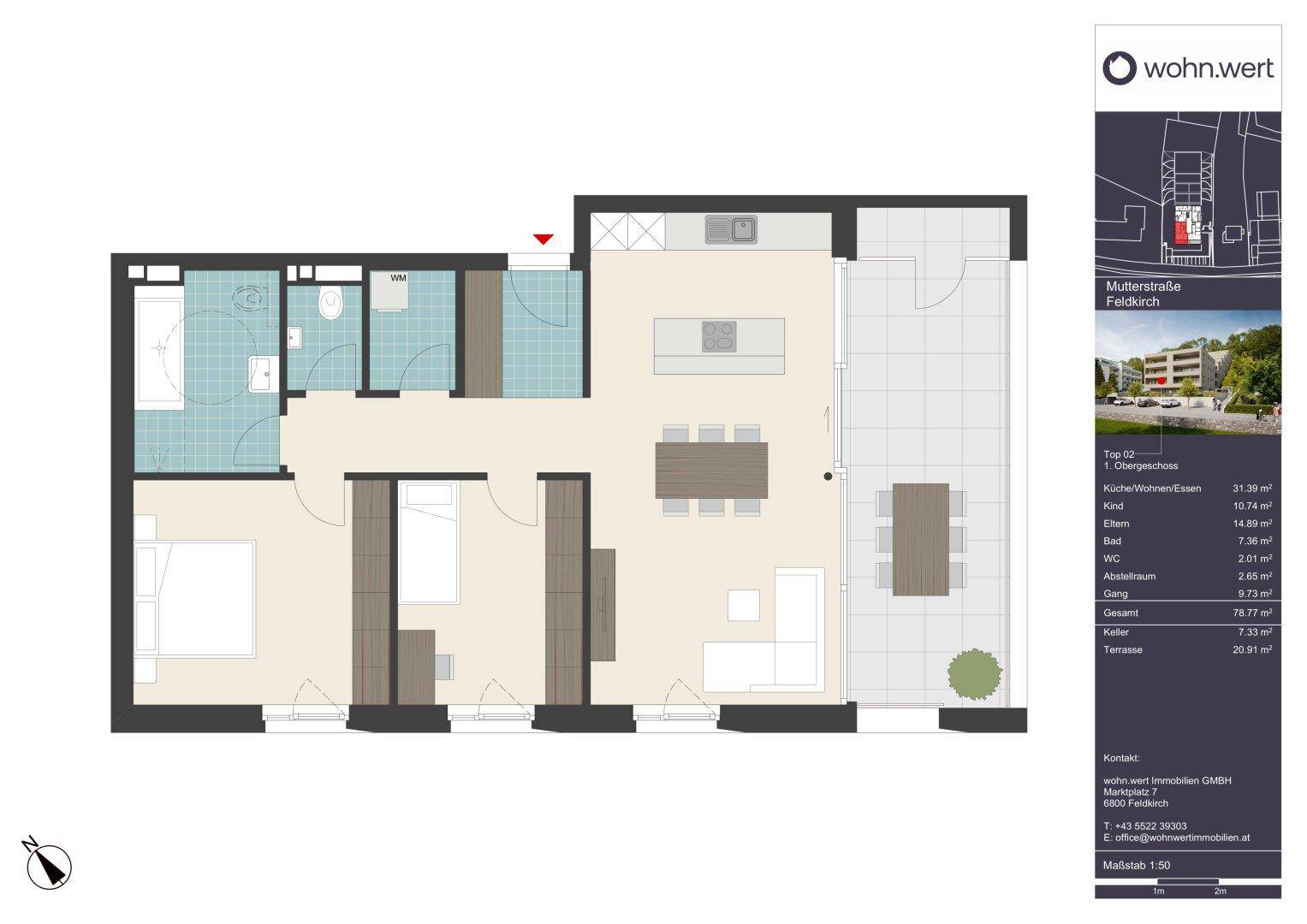 Detaillierter Grundriss einer Wohnung mit offener Küche, Wohnbereich, zwei Bädern und großer Terrasse.