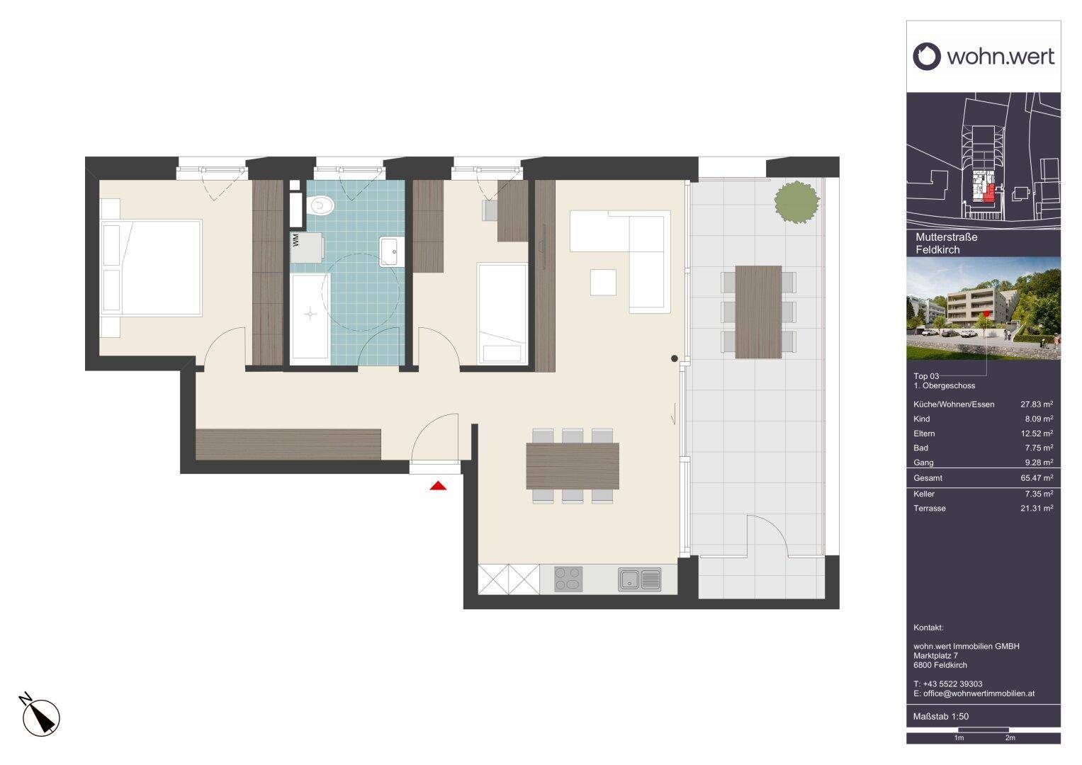 Grundriss der Wohnung Top 03 mit offenem Wohnbereich, Schlafzimmer, Bad und großer Terrasse.