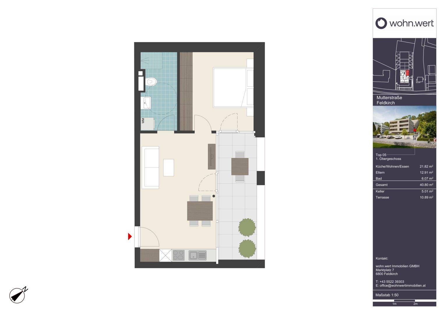Grundriss einer Wohneinheit mit offenem Wohnbereich, Schlafzimmer, Bad und Terrasse.