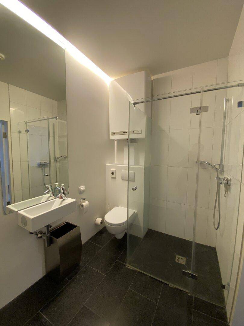 Modernes Badezimmer mit ebenerdiger Dusche, wandhängendem WC und dunklen Bodenfliesen.