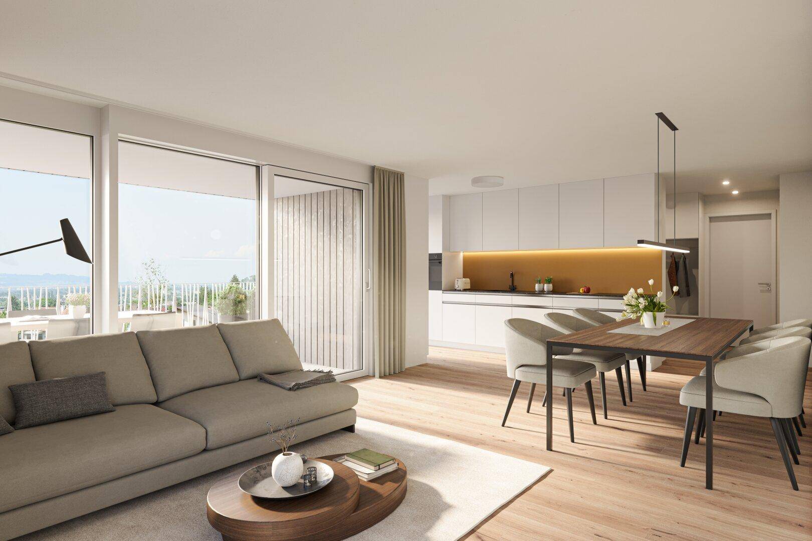 Heller, offener Wohn- und Essbereich mit moderner Einbauküche und Zugang zu einem großen Balkon mit Stadtblick.