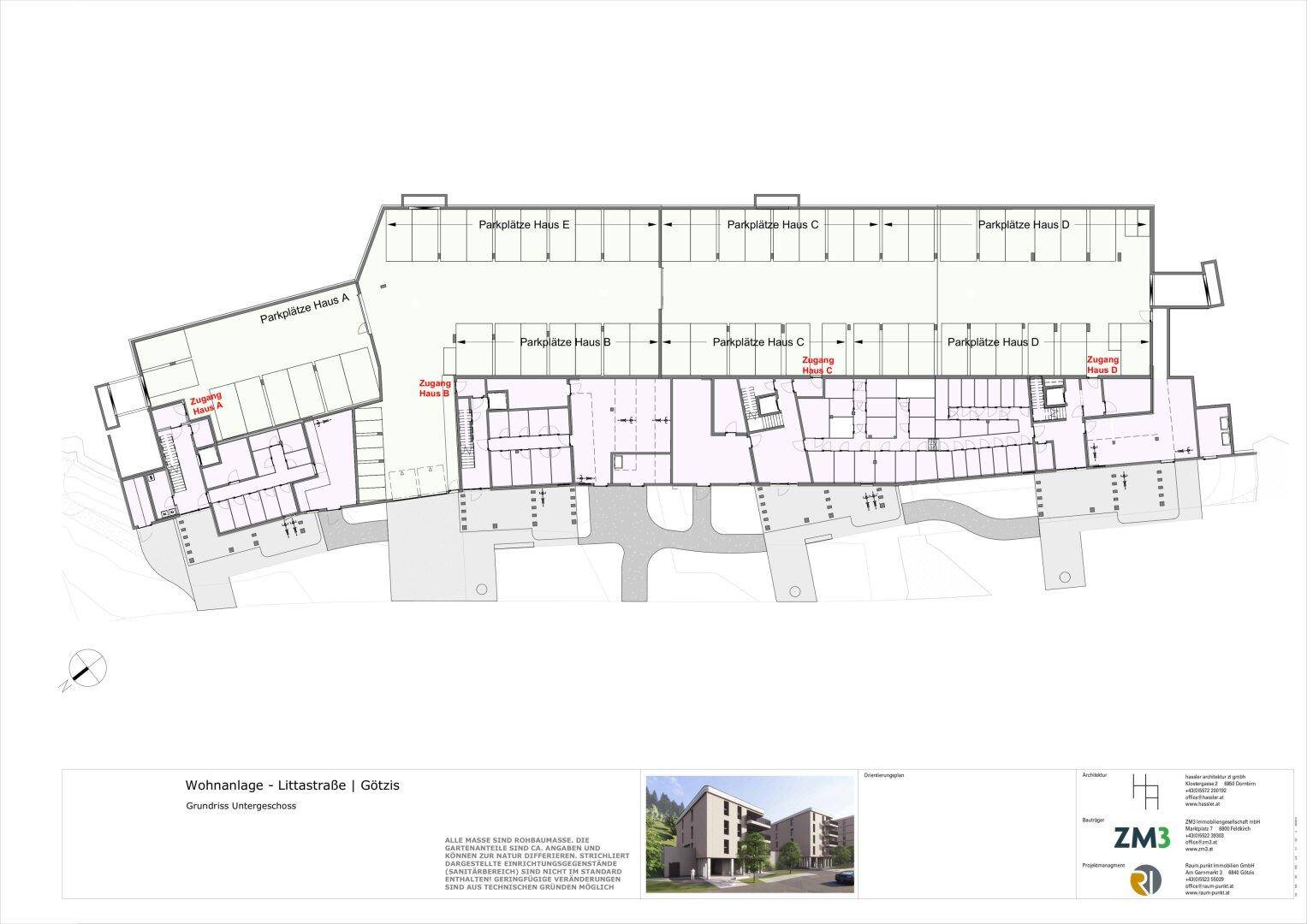 Grundriss des Untergeschosses einer Wohnanlage mit Tiefgaragenstellplätzen für mehrere Häuser.