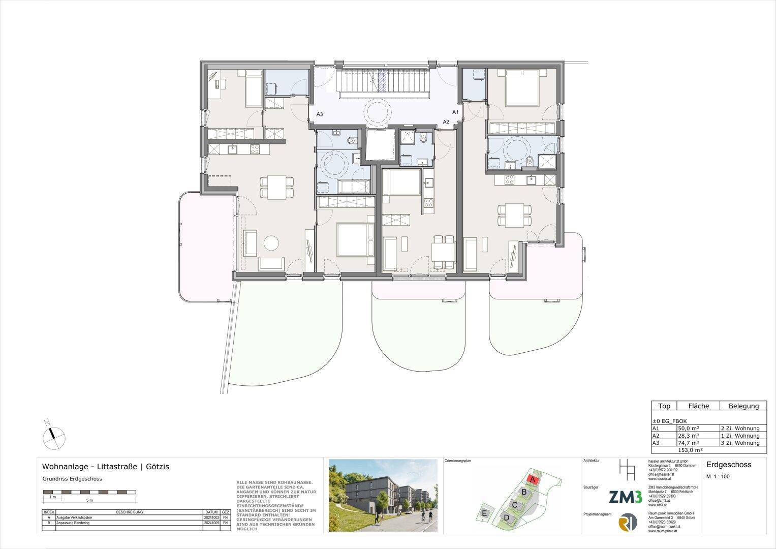 Grundriss des Erdgeschosses mit drei Wohneinheiten, jeweils mit Wohnbereichen, Schlafzimmern und Terrassenzugang.