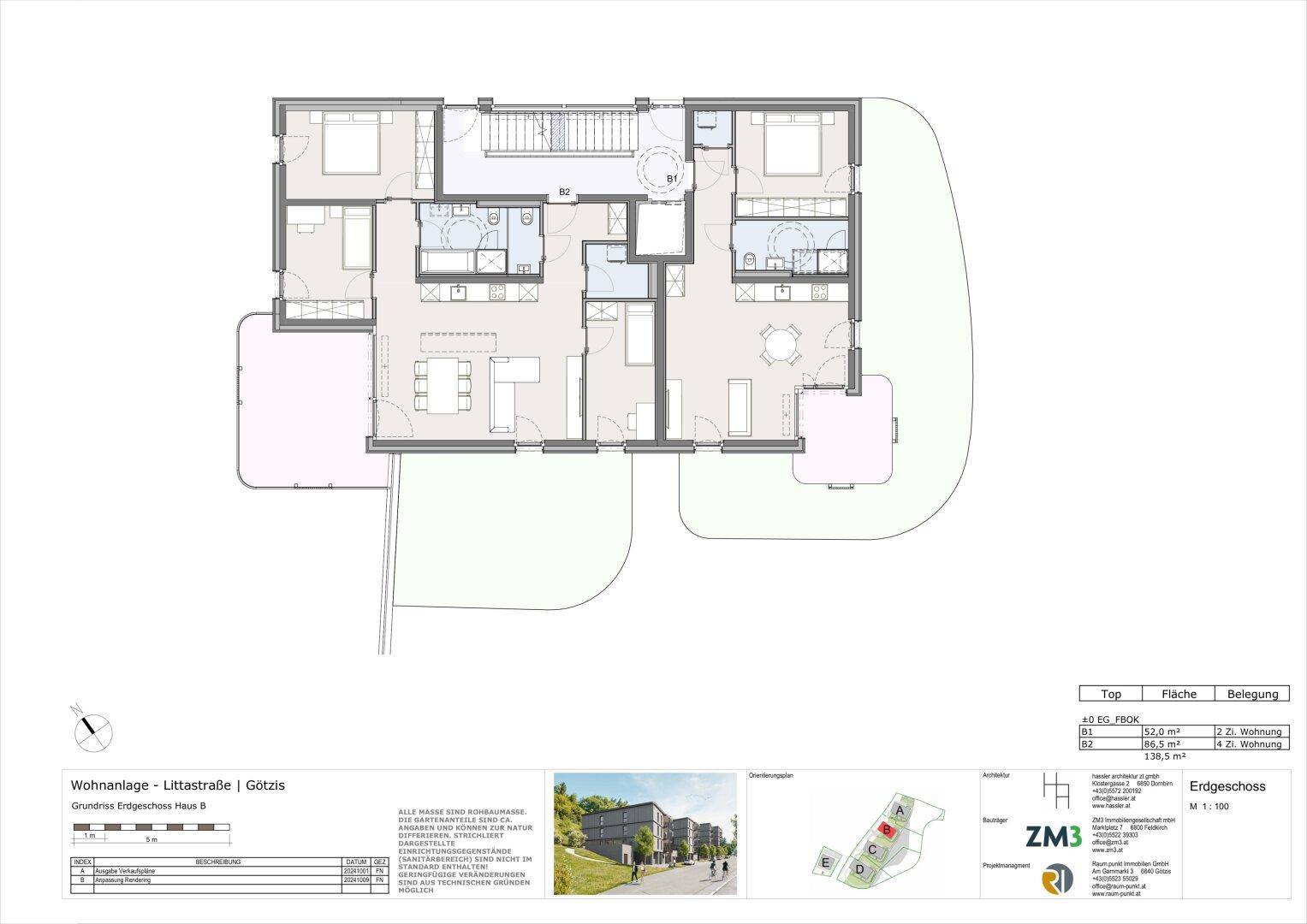 Grundriss des Erdgeschosses von Haus B mit zwei Wohneinheiten, jeweils mit offenem Wohnbereich und Gartenzugang.