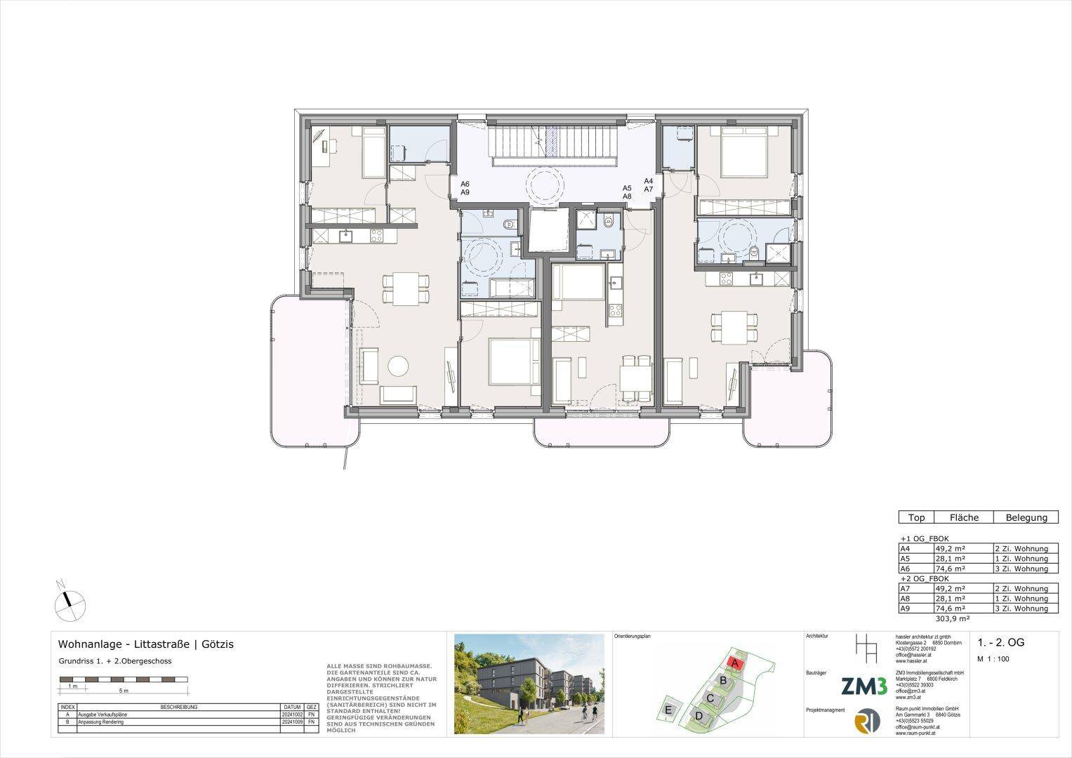 Grundriss der Obergeschosse mit mehreren Wohneinheiten, jeweils mit Wohnbereichen, Schlafzimmern und Balkonzugang.