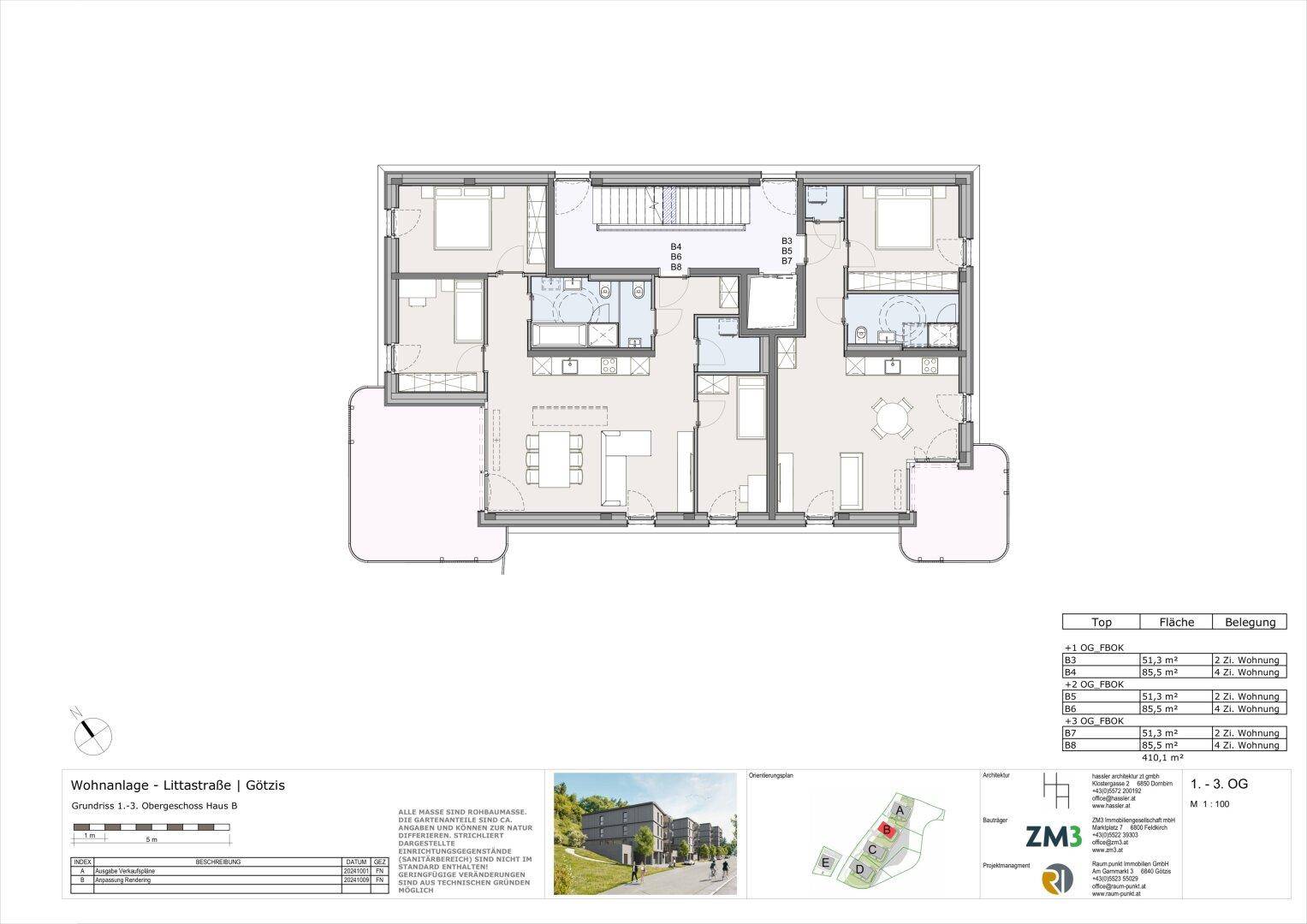Grundriss der Obergeschosse von Haus B mit zwei Wohneinheiten, jeweils mit offenem Wohnbereich und Balkonzugang.