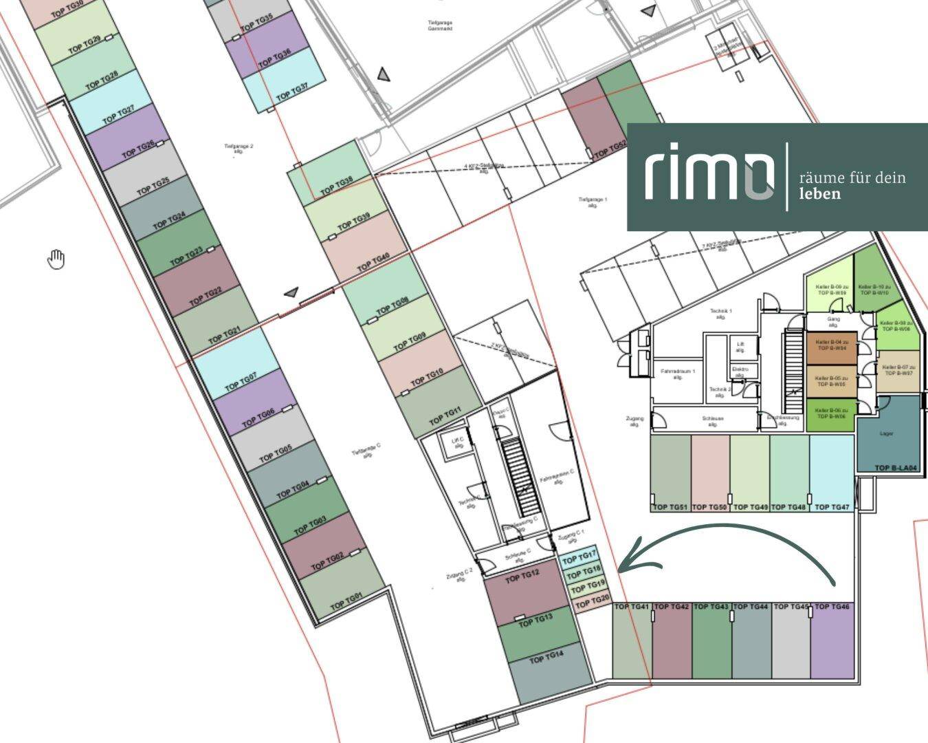 Grundrissplan einer Tiefgarage mit zahlreichen Stellplätzen und Zugangsbereichen für mehrere Einheiten.