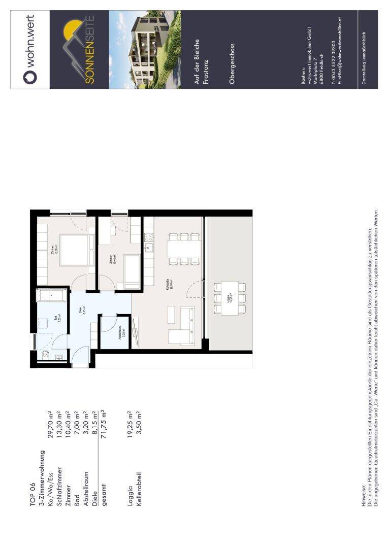 Grundriss einer 3-Zimmer-Wohnung mit Loggia und Kellerabteil, detailliert dargestellt.