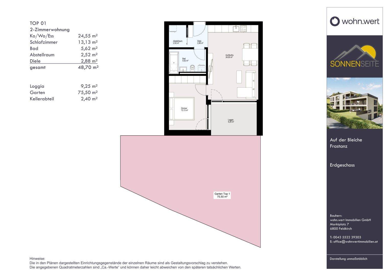 Grundriss der 2-Zimmer-Wohnung TOP 01 mit Loggia und privatem Gartenbereich im Erdgeschoss.