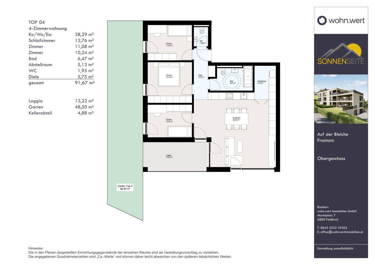 Grundriss der 4-Zimmer-Wohnung TOP 04 mit Loggia, Garten und Kellerabteil.