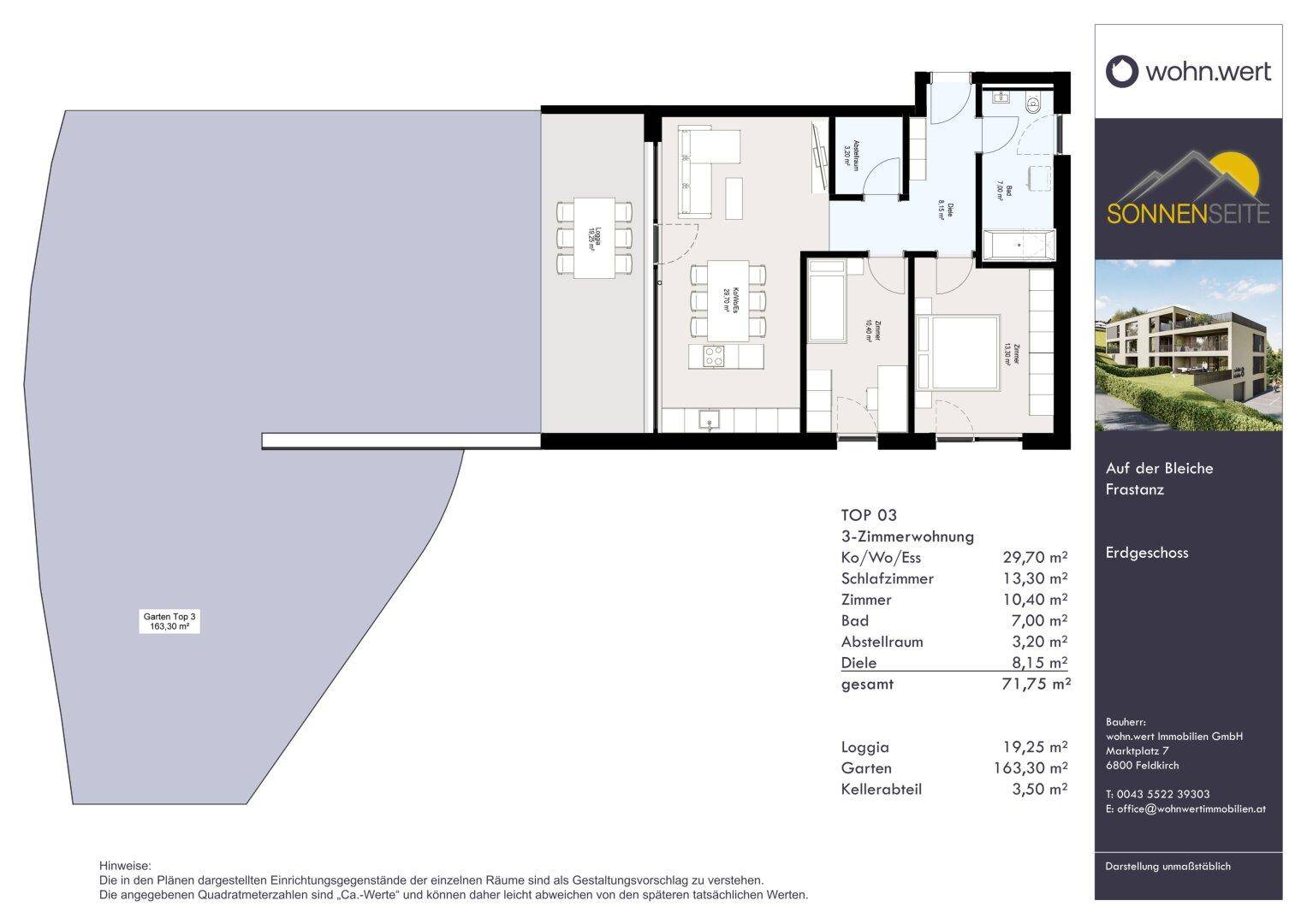 Grundriss einer 3-Zimmer-Wohnung mit offenem Wohnbereich, Loggia und Garten.