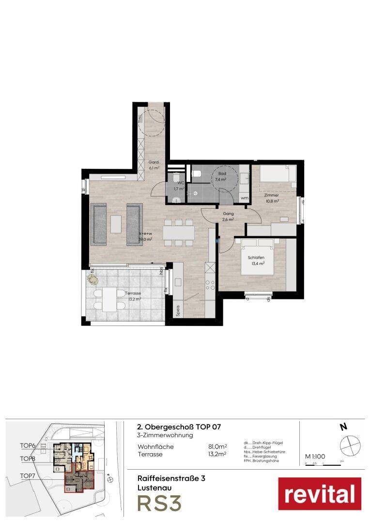 Grundriss einer 3-Zimmerwohnung mit offenem Wohnbereich, separatem WC und großer Terrasse.