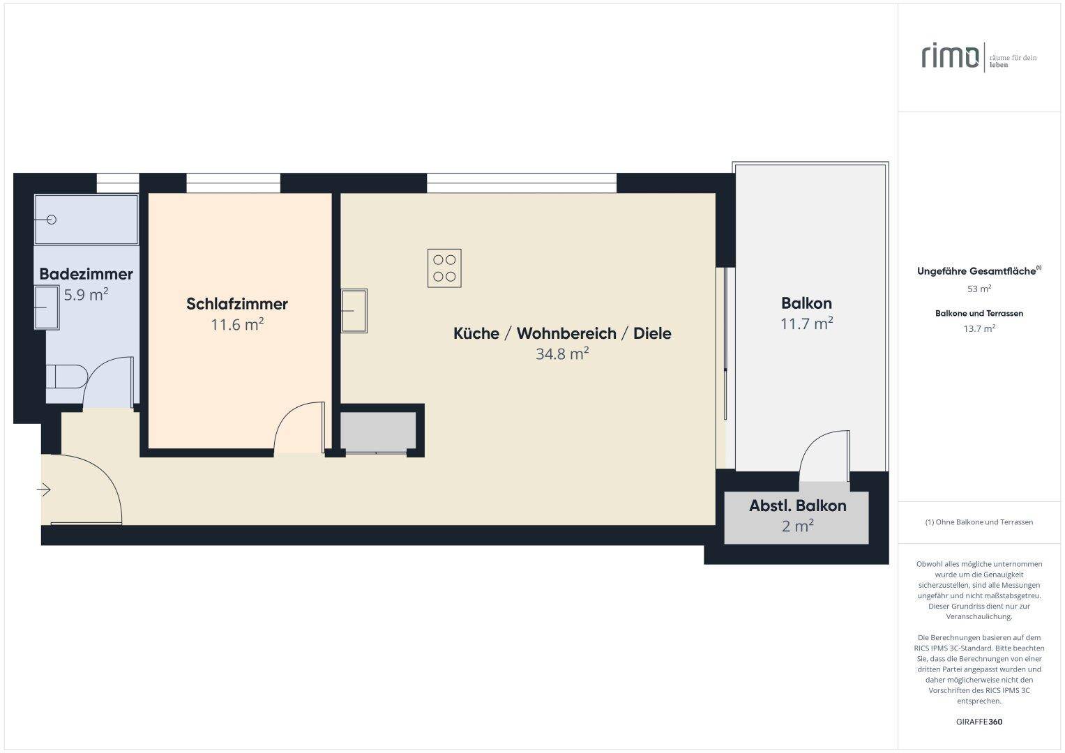 Detaillierter Grundriss einer Wohnung mit Schlafzimmer, Badezimmer, offenem Wohnbereich und Balkon.