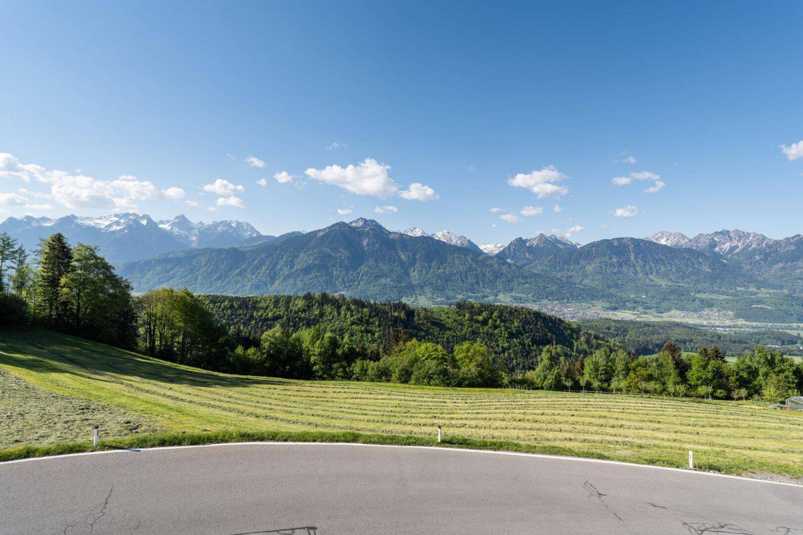 Malerische Landschaft mit grünen Feldern, einer kurvigen Straße und majestätischen Bergen im Hintergrund.