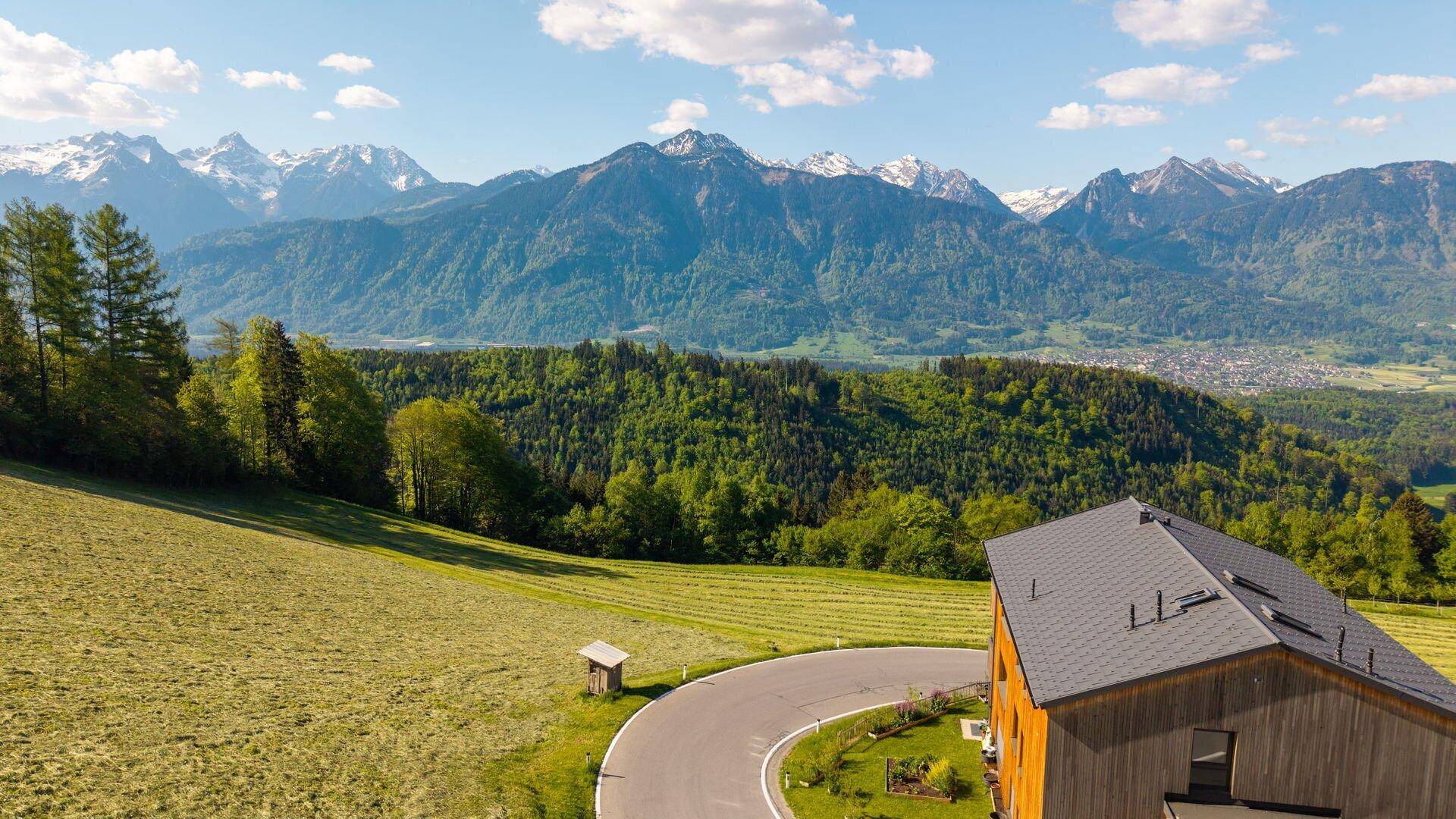 Weitläufige Landschaft mit grünen Hügeln und schneebedeckten Berggipfeln unter blauem Himmel.