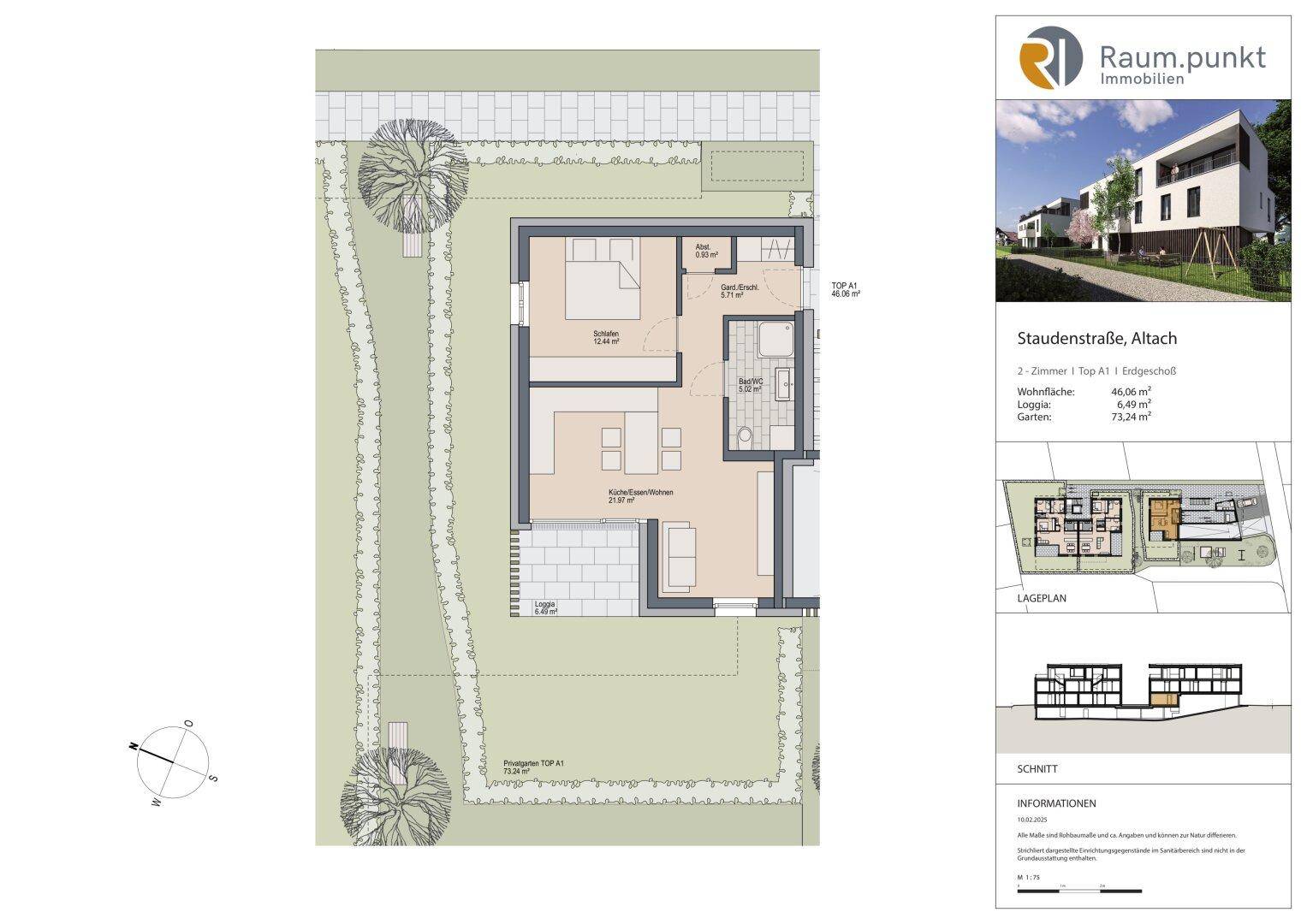 Grundriss einer 2-Zimmer-Wohnung im Erdgeschoss mit offener Wohnküche, Terrasse und Gartenanteil.