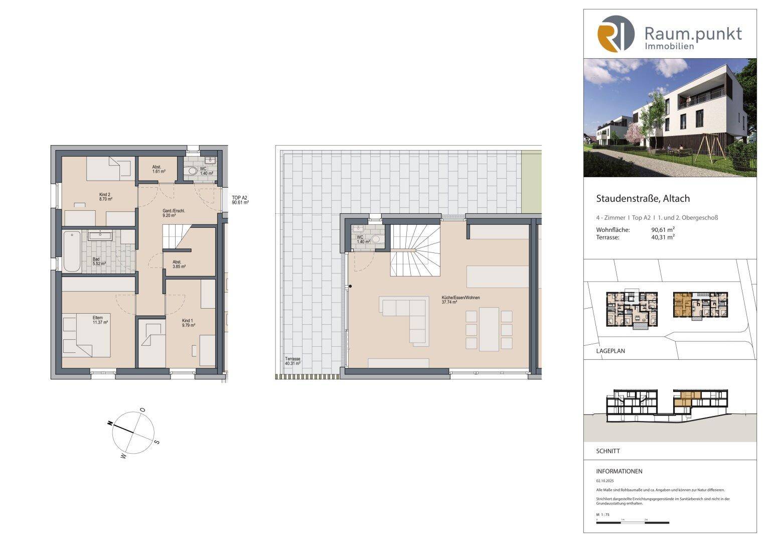 Grundriss einer 4-Zimmer-Wohnung im ersten und zweiten Obergeschoss mit Terrasse und Balkon.