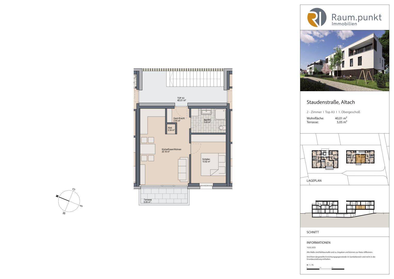 Grundriss einer 2-Zimmer-Wohnung im Obergeschoss mit offener Küche und Terrasse.