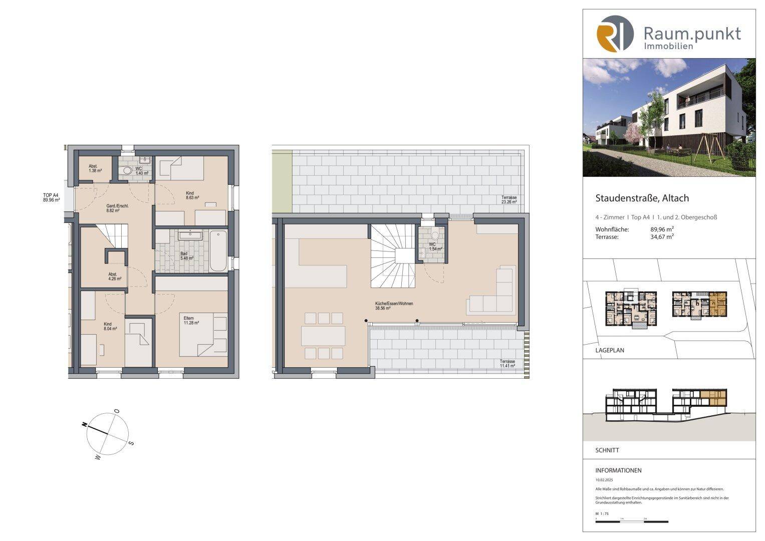 Grundrissplan einer 4-Zimmer-Wohnung über zwei Ebenen mit Terrasse.