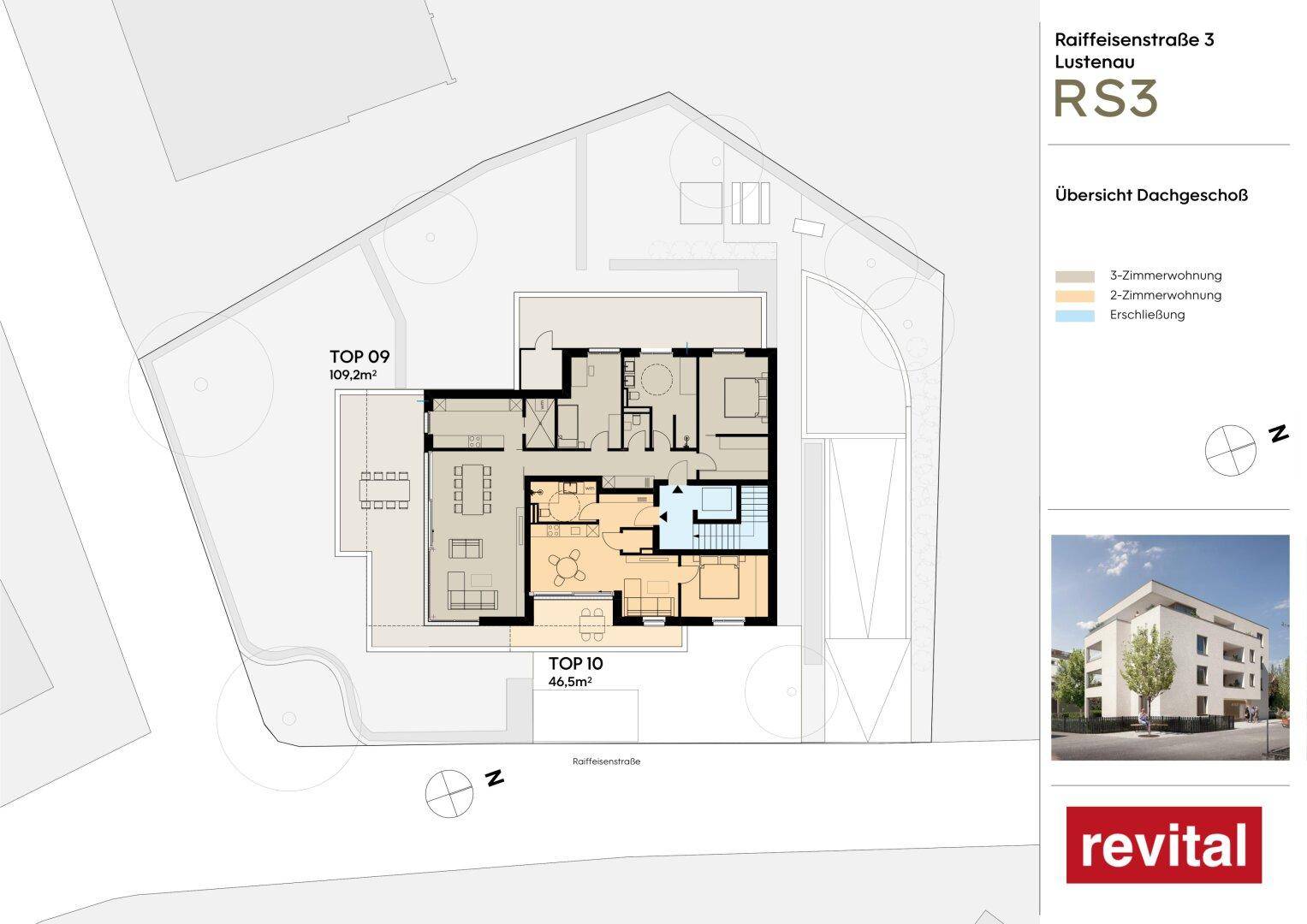 Grundriss des Dachgeschosses mit zwei Wohnungen, inklusive einer großen Dachterrasse.